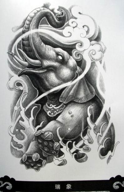 吉利祥瑞的象神纹身手稿