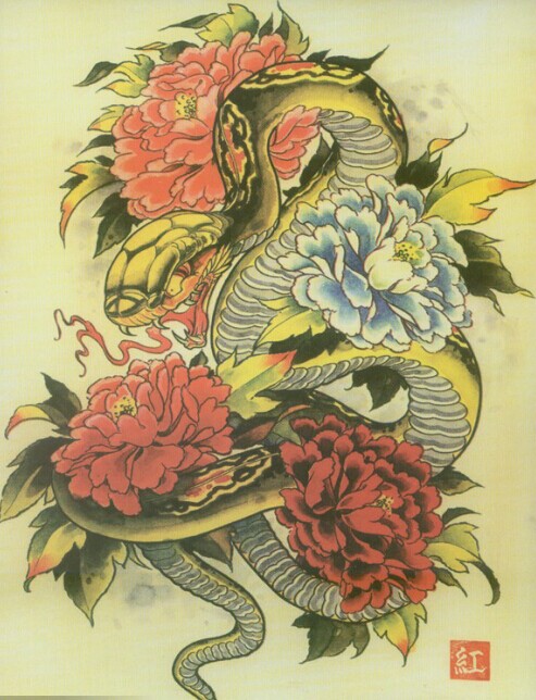 蛇与牡丹花纹身
