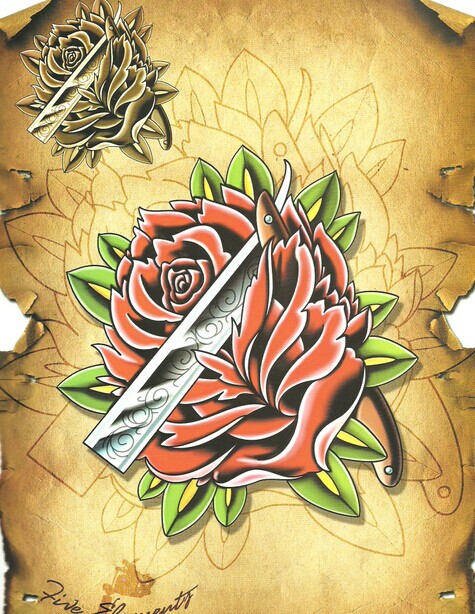 彩色玫瑰花纹身手稿