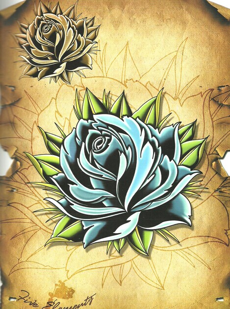 蓝色玫瑰花纹身