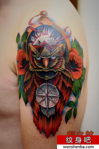 男人大臂颜色鲜艳的school猫头鹰与时钟指南针纹身图片