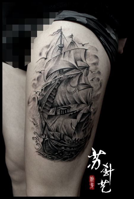 中国风古典黑白帆船纹身一枚
