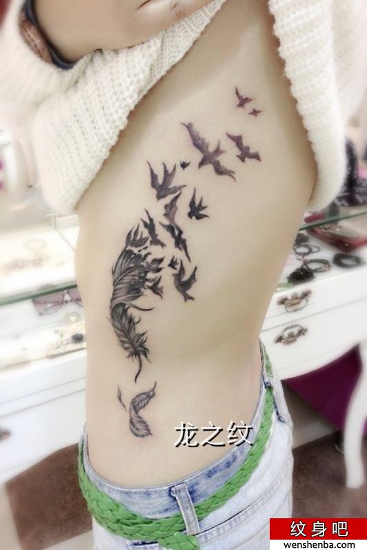 广州纹身分享侧腰飞翔的燕子与羽毛文身图案