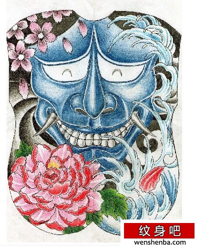 很好的满背般若樱花牡丹纹身