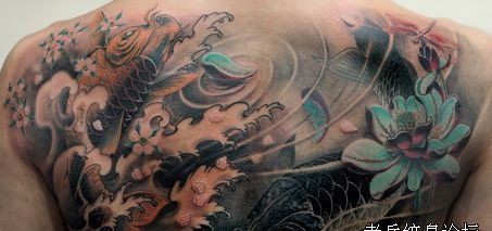 背部彩色鲤鱼莲花纹身