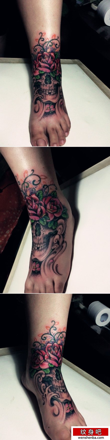 脚背的骷髅与玫瑰花纹身