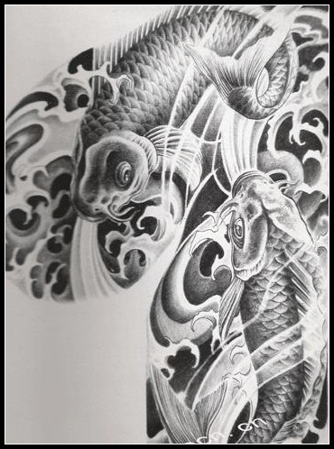 中国印之黑白双鲤鱼纹身半胛手稿