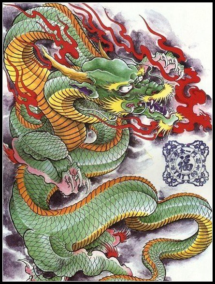 中国传统纹身之绿色半胛披肩龙纹身手稿欣赏