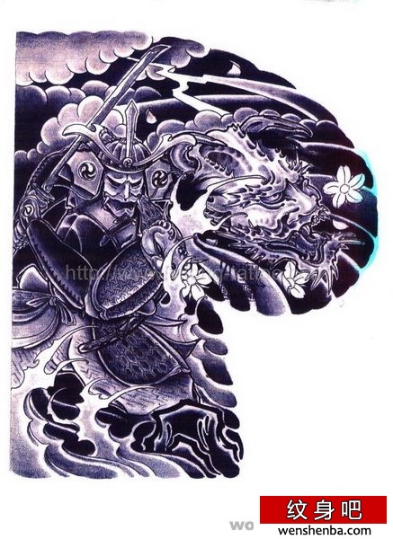 日本老传统日式半胛武士龙纹身