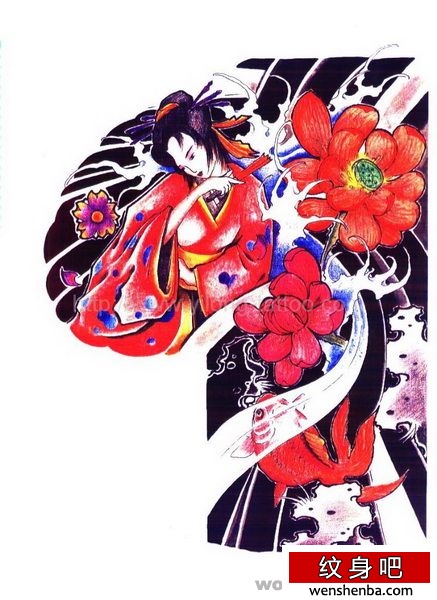 日本纹身之日式老传统半胛莲花纹身手稿