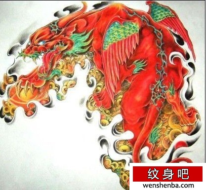 招财纹身彩色半胛招财神兽貔貅纹身