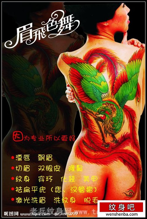 一张的整背彩色凤凰纹身女欣赏