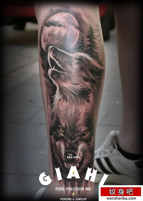 男性腿部超酷的狼头纹身