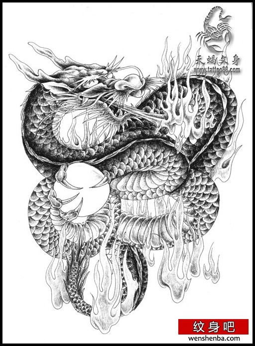 一枚霸气的喷火的龙纹身手稿