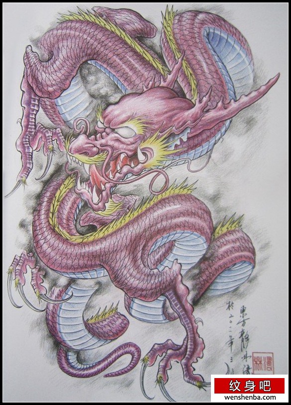 男性喜欢的彩色满背龙纹身