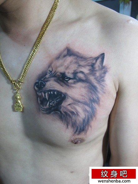 男性前胸凶悍的狼头纹身