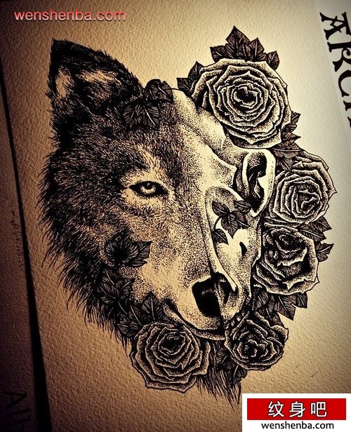 一枚超酷时尚的狼头纹身手稿
