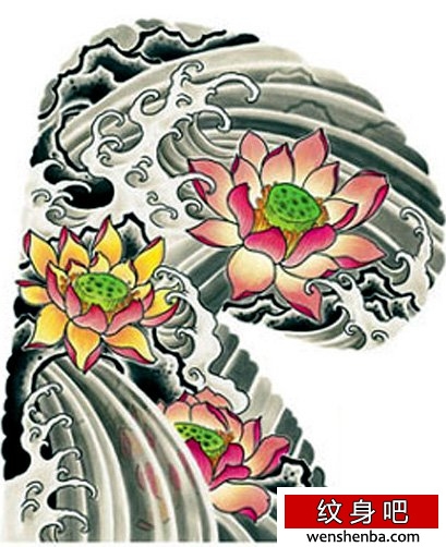 日本日式的传统半胛莲花浪花纹身