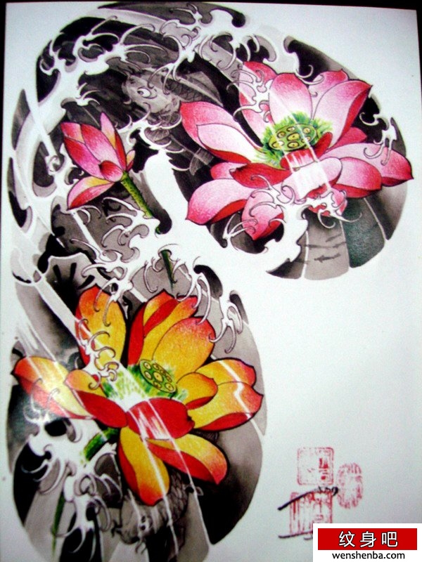 中国传统好看彩色半胛莲花纹身手稿展示