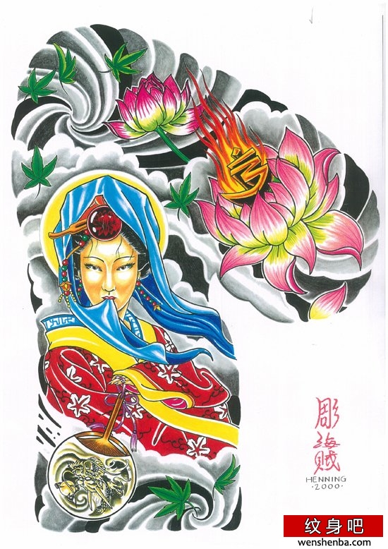 日式老传统之漂亮的半胛莲花梵文树叶纹身