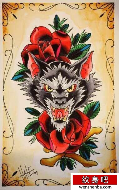 一枚时尚的的欧美狼头纹身
