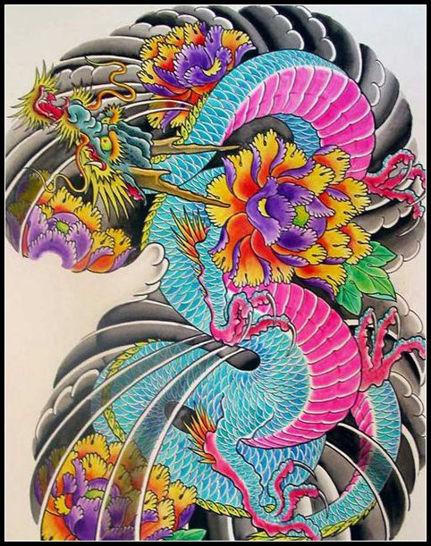网为你推荐日式彩色半胛龙纹身手稿分享