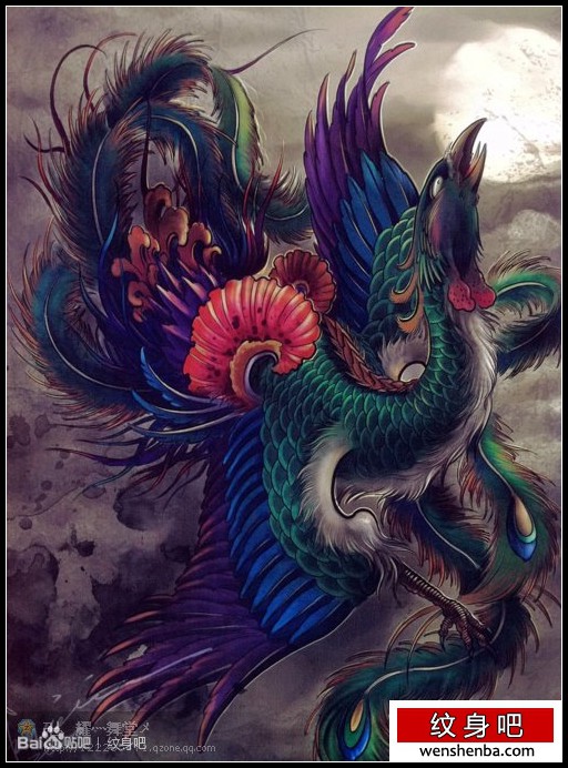 一枚的彩色凤凰纹身手稿