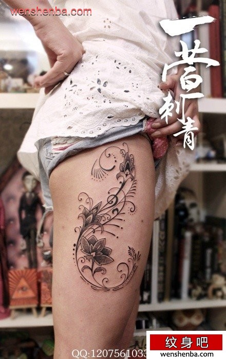 腿部的莲花藤蔓纹身