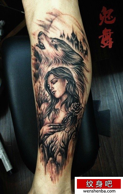 腿部漂亮时髦的一枚狼人靓女纹身