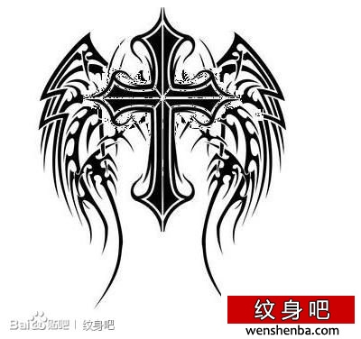 很帅的图腾十字架翅膀纹身