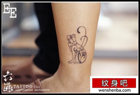 腿部时尚的图腾猫咪纹身