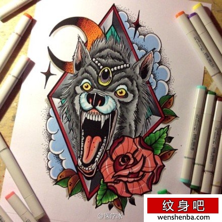 时髦的一枚狼头纹身手稿