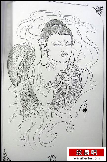 一枚线条佛与龙纹身手稿