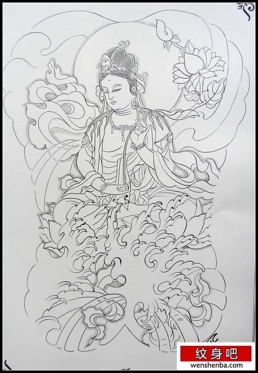 一枚满背观音线稿纹身