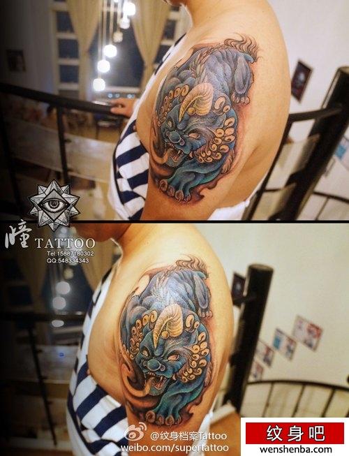 手臂一枚中国年兽纹身