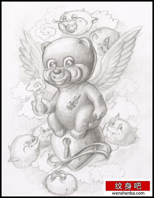 可爱的小熊翅膀素描纹身