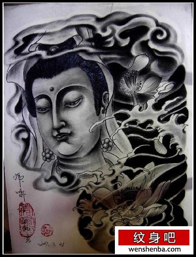 很好的满背黑白观音莲花纹身
