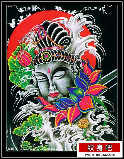 适合做满背的观音莲花纹身