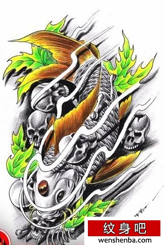 纹身权威时髦帅气的鲤鱼锦鲤叶子骷髅纹身（精品）