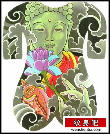 满背佛纹身满背彩色佛莲花纹身