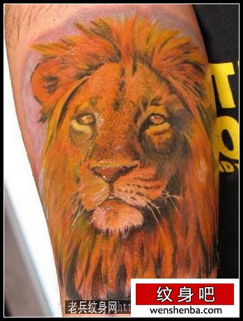 一枚腿部彩色狮子头纹身