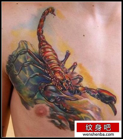 蝎子纹身胸部3D彩色蝎子纹身
