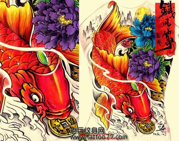 超酷的满背鲤鱼牡丹纹身