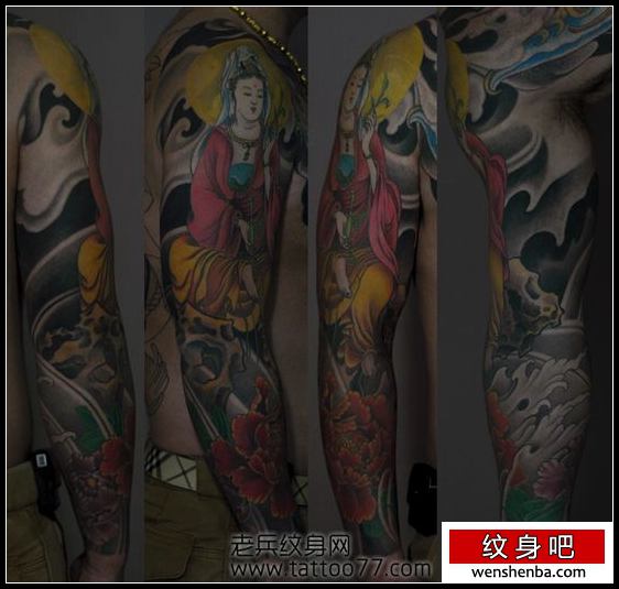 一枚观音牡丹花臂纹身