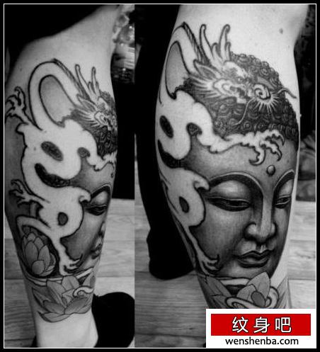 腿部一枚佛头纹身