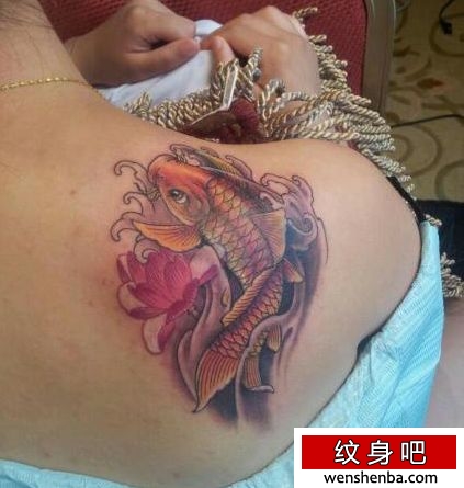 一枚女人肩背彩色小鲤鱼莲花纹身