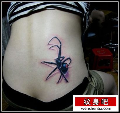 靓女腰部一枚彩色蜘蛛纹身