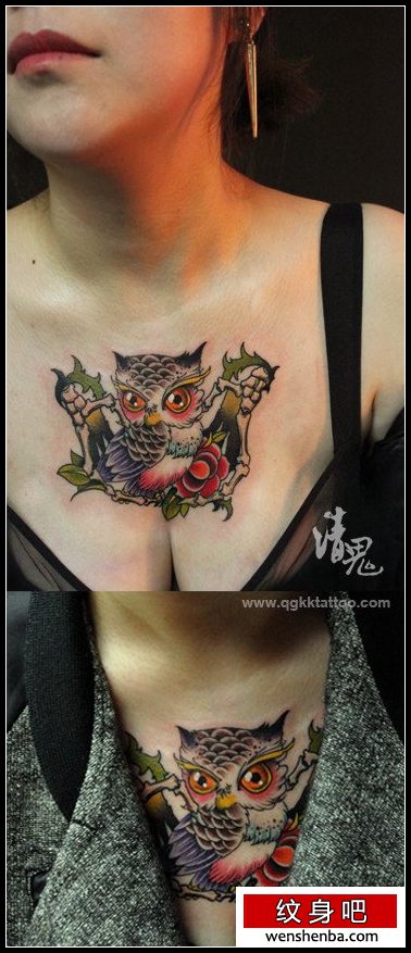 女人前胸时髦可爱的猫头鹰纹身