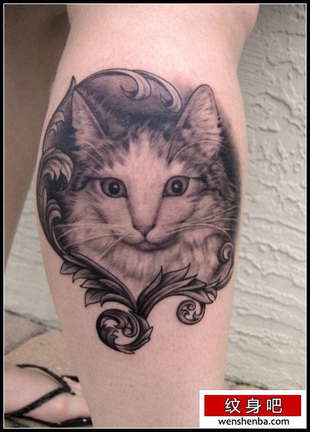 一枚腿部呆呆的猫咪纹身