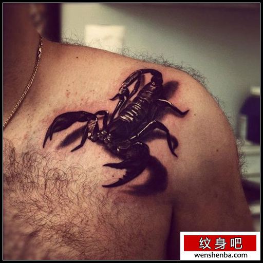 男性肩膀处时髦帅气的蝎子纹身